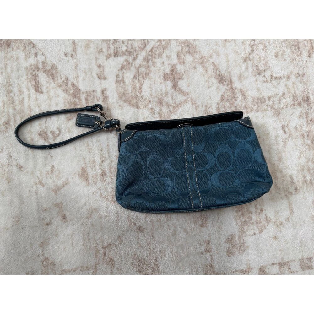 Coach Teal Blue Signature Jacquard Turnlock Wristlet Wallet Clutch - Picture 2 of 11